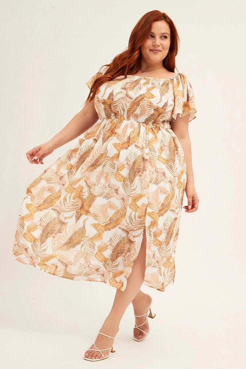 Fashion Forward Yellow Floral Midi Dress Short Sleeve Shirred Back Tie Dress