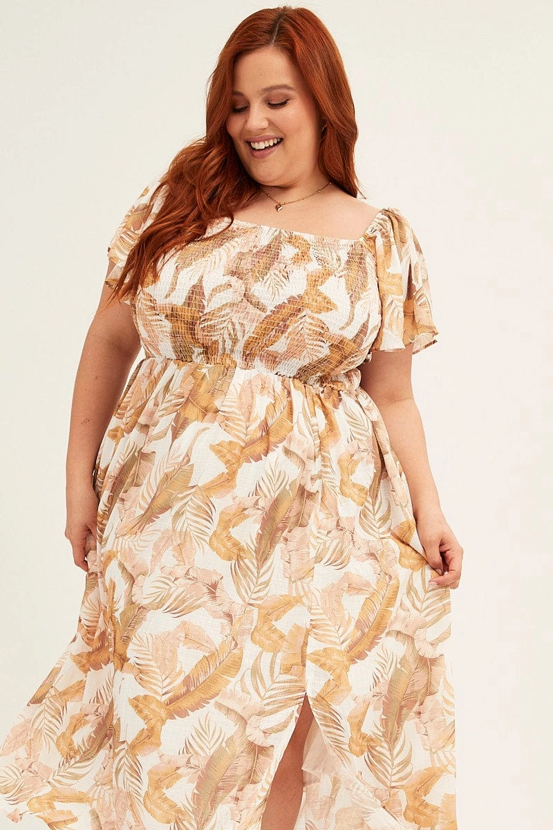 Fashionable Layers Yellow Floral Midi Dress Short Sleeve Shirred Back Tie Dress