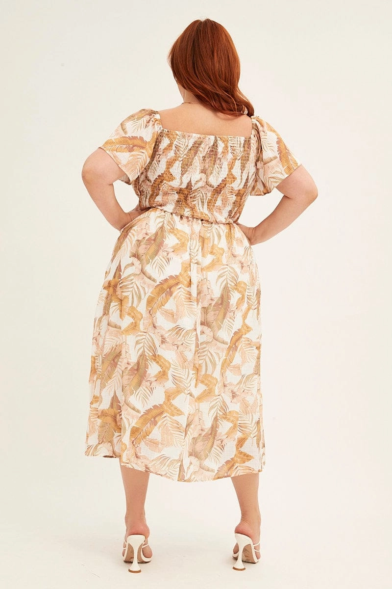 Gentle Glow Yellow Floral Midi Dress Short Sleeve Shirred Back Tie Dress