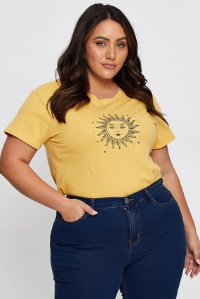 Yellow Graphic T-shirt Radiant Sun Short Sleeve Cotton BreathableMeshLining