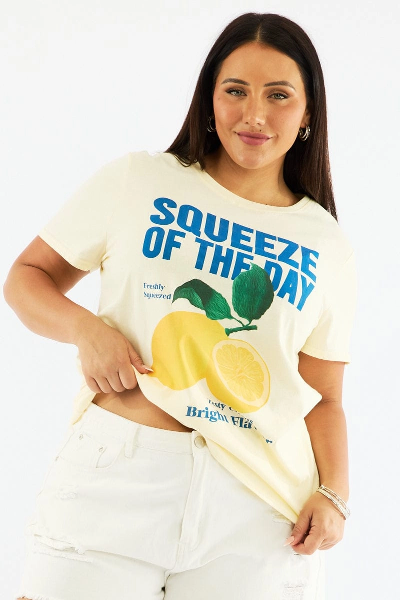 Biodegradable Options Distressed Hem Finish Yellow Graphic T Shirt Short Sleeve Crew Neck