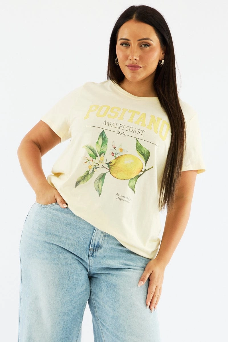Yellow Graphic T Shirt Short Sleeve Crew Neck Versatile Wardrobe Piece