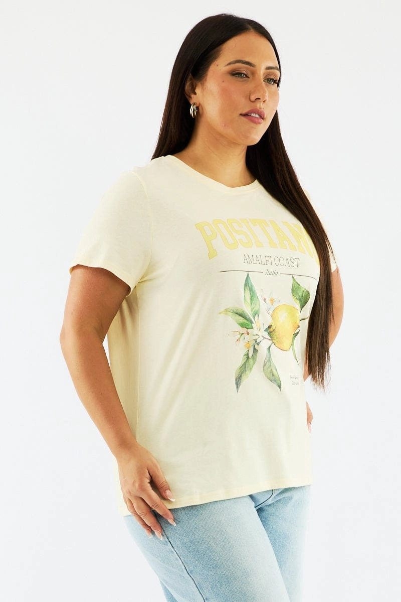 Yellow Graphic T Shirt Short Sleeve Crew Neck Chic And Comfortable Comfortable texture