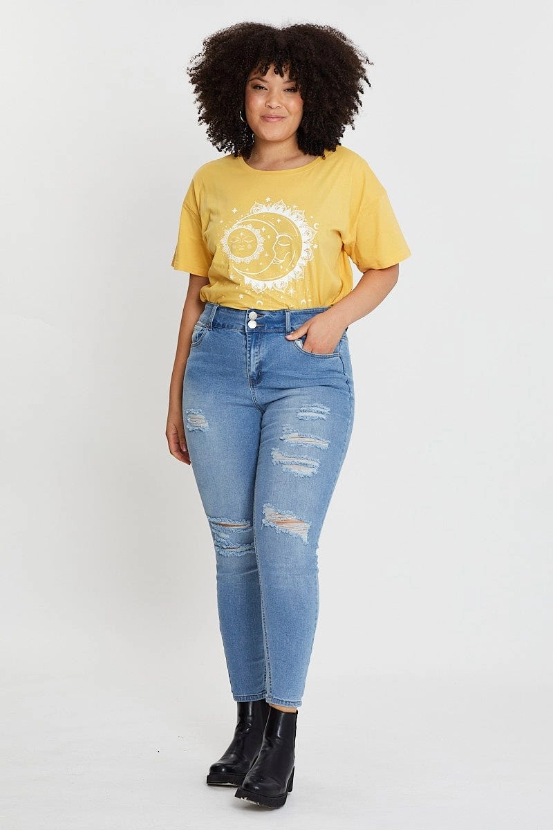 Cozy Layers Yellow Graphic T-shirt Star Dust Short Sleeve Cotton