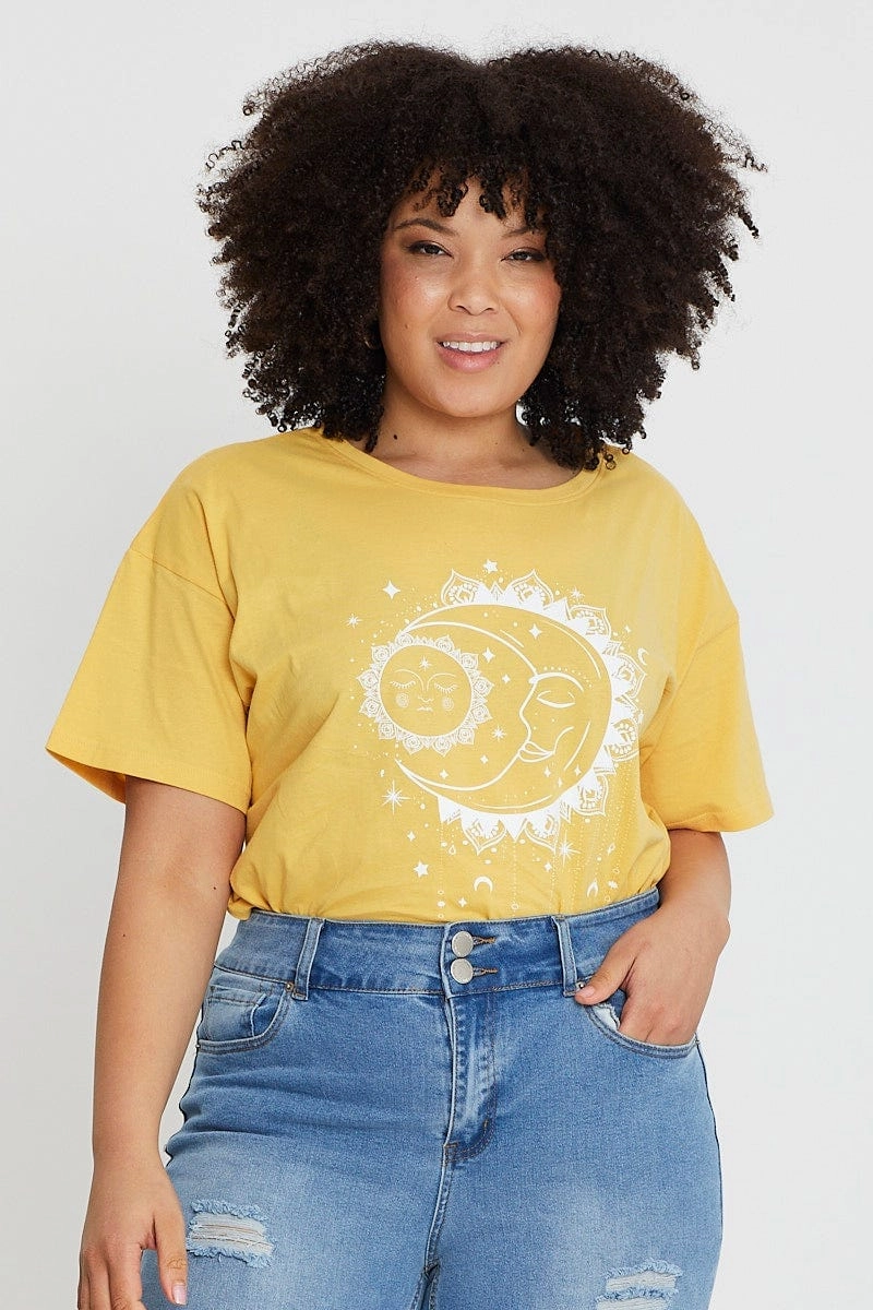 Yellow Graphic T-shirt Star Dust Short Sleeve Cotton Water Based Ink Print Lace trim