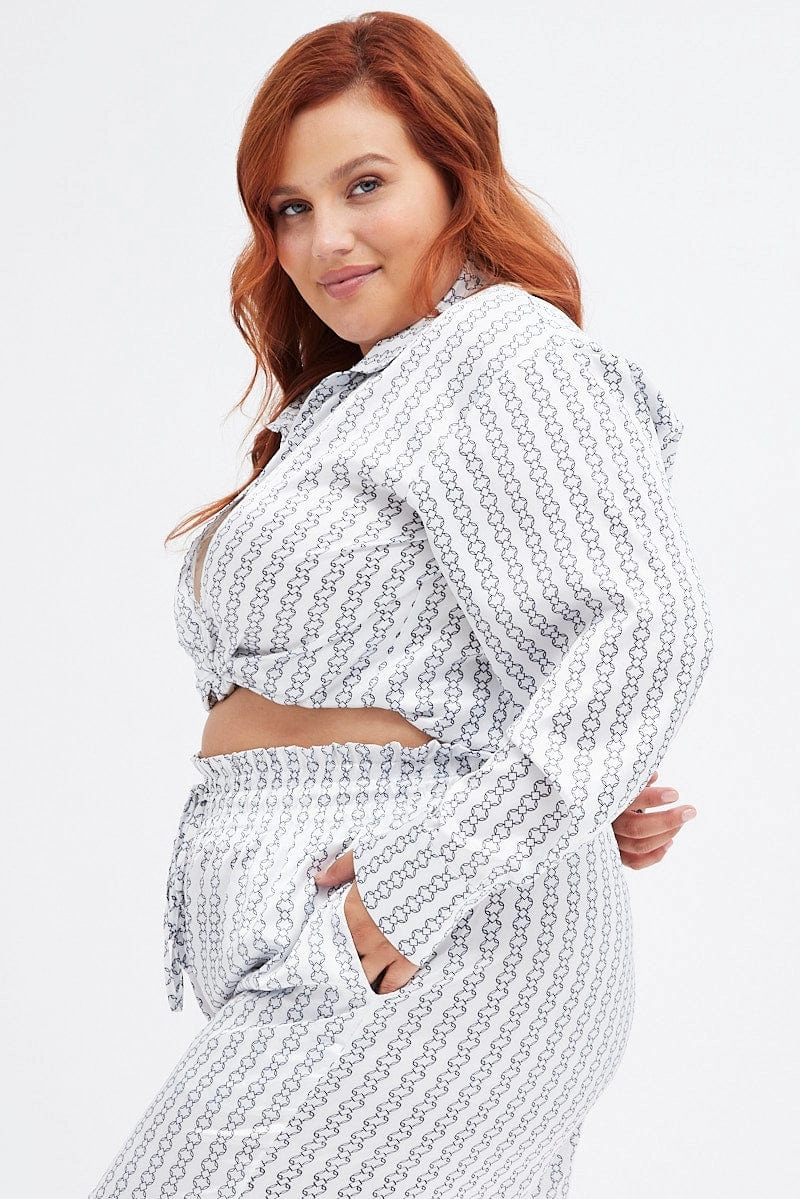 White Geo Relaxed Shirt Long Sleeve Satin Printed design