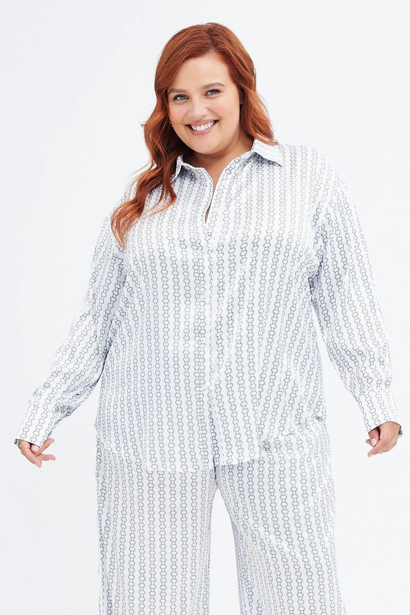 Weekend Outing White Geo Relaxed Shirt Long Sleeve Satin
