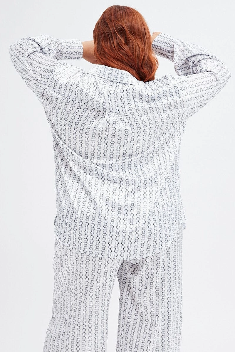 Water Repellent Finish Bold Pattern White Geo Relaxed Shirt Long Sleeve Satin