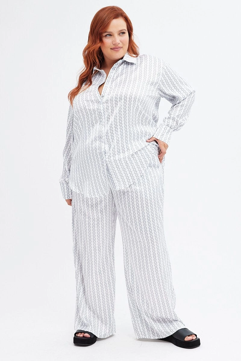 White Geo Relaxed Shirt Long Sleeve Satin Weekend Casual