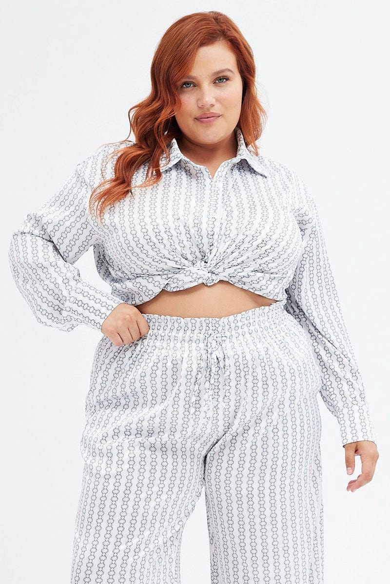 White Geo Relaxed Shirt Long Sleeve Satin Casual Elegance