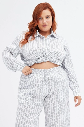 White Geo Relaxed Shirt Long Sleeve Satin Casual Elegance