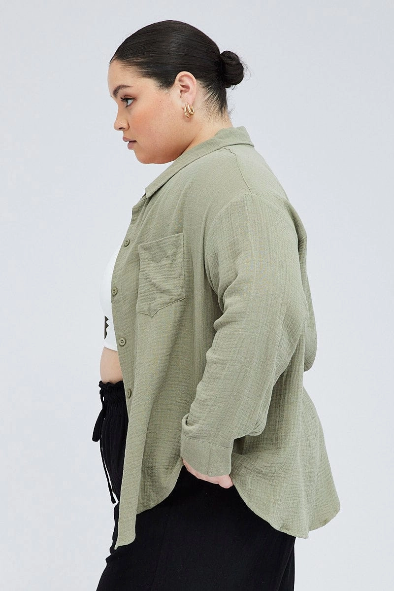 Lightweight Feel Durable Quality Green Relaxed Shirt Long Sleeve