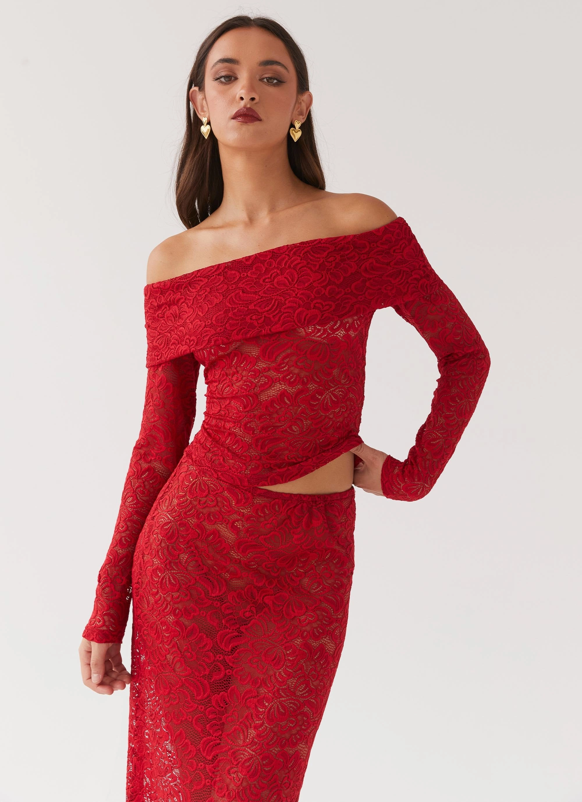 Zephyra Lace Long Sleeve Top - Red Elderly