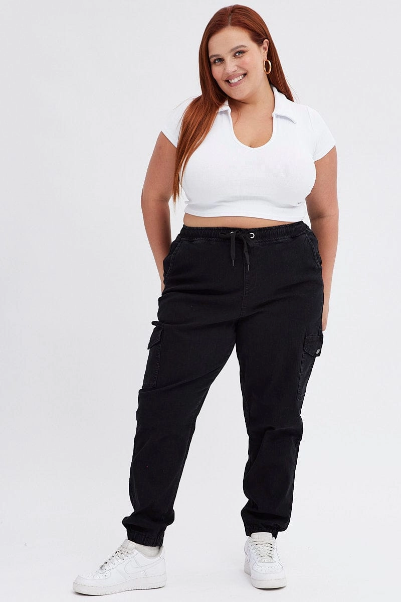 Black Cargo Denim Jeans High Rise Stylish Waistband