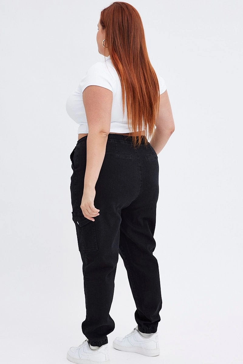 Casual Staple Everyday Classic Wear Comfy Black Cargo Denim Jeans High Rise