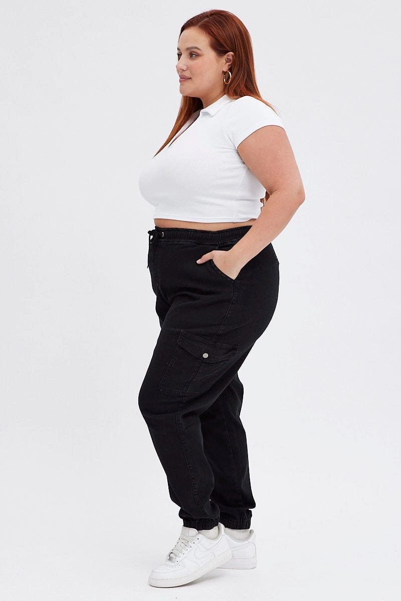 Black Cargo Denim Jeans High Rise Weekend Warrior Elegant