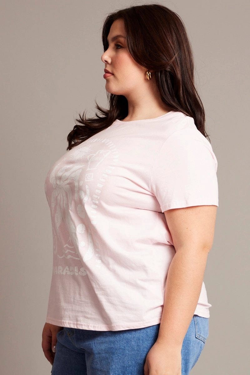 Easy Look Pink Graphic T-shirt Short Sleeve Crew Neck