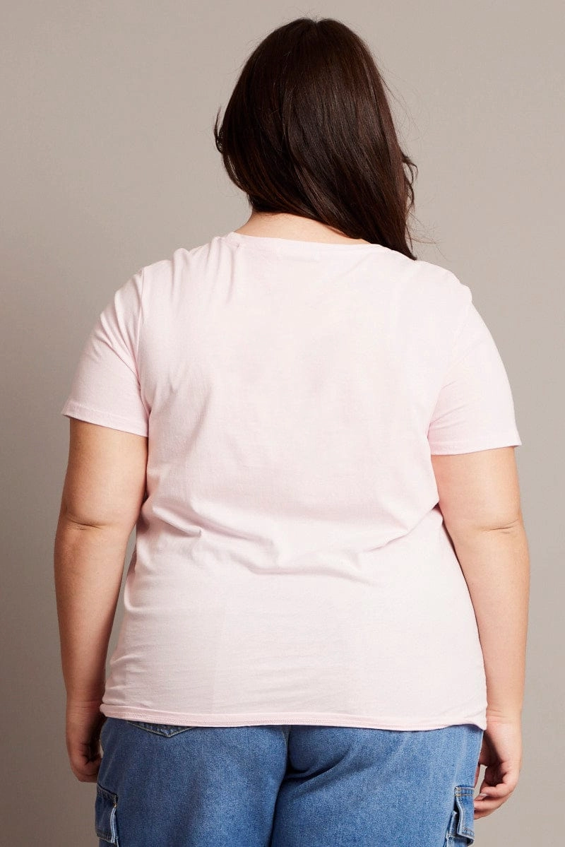 Soft Waistband Layered Wear Pink Graphic T-shirt Short Sleeve Crew Neck