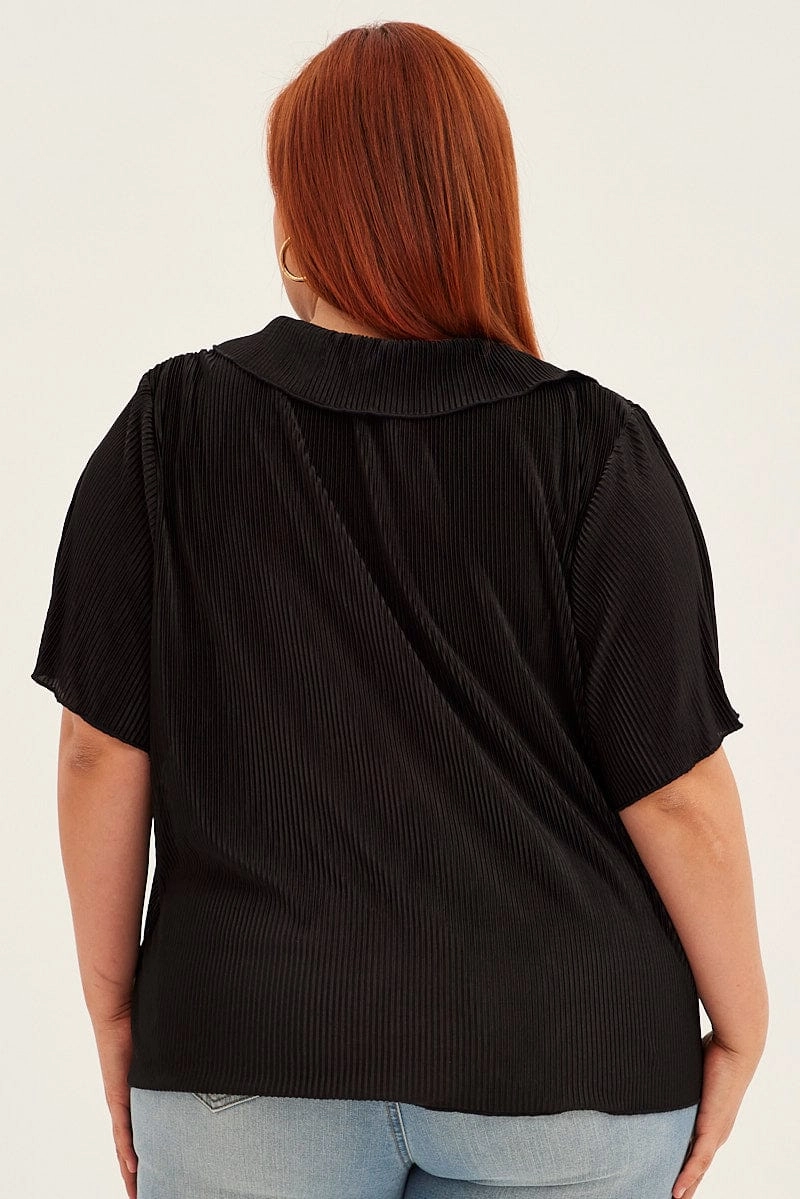 Black Pleated Shirts Short Sleeve Plisse Functional Fashion