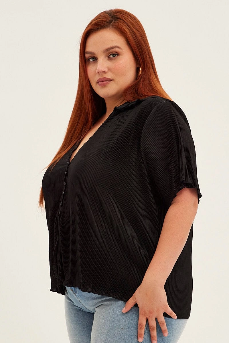 Black Pleated Shirts Short Sleeve Plisse Patterned Texture