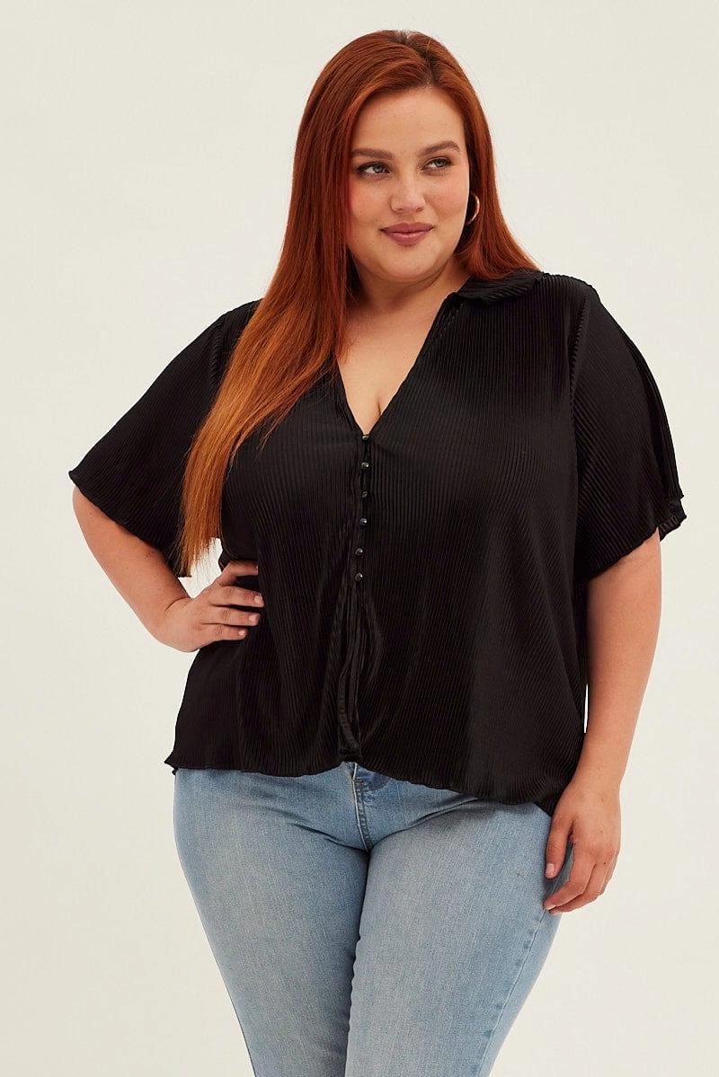 UV Protective Coating Black Pleated Shirts Short Sleeve Plisse