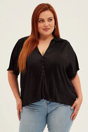 Team Building Eco-Friendly Choice Black Pleated Shirts Short Sleeve Plisse