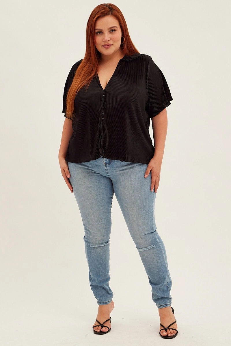 Premium Style Flexible Shoulder Panels Black Pleated Shirts Short Sleeve Plisse