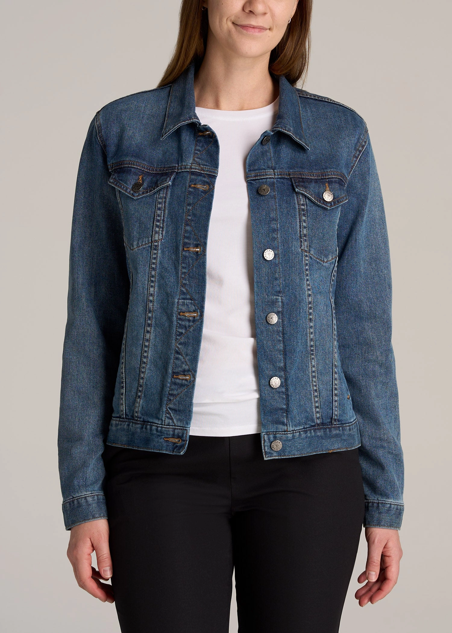 Tall Women's Denim Jacket in Vintage Medium Blue Wind Blocking Fabric Eco Nice