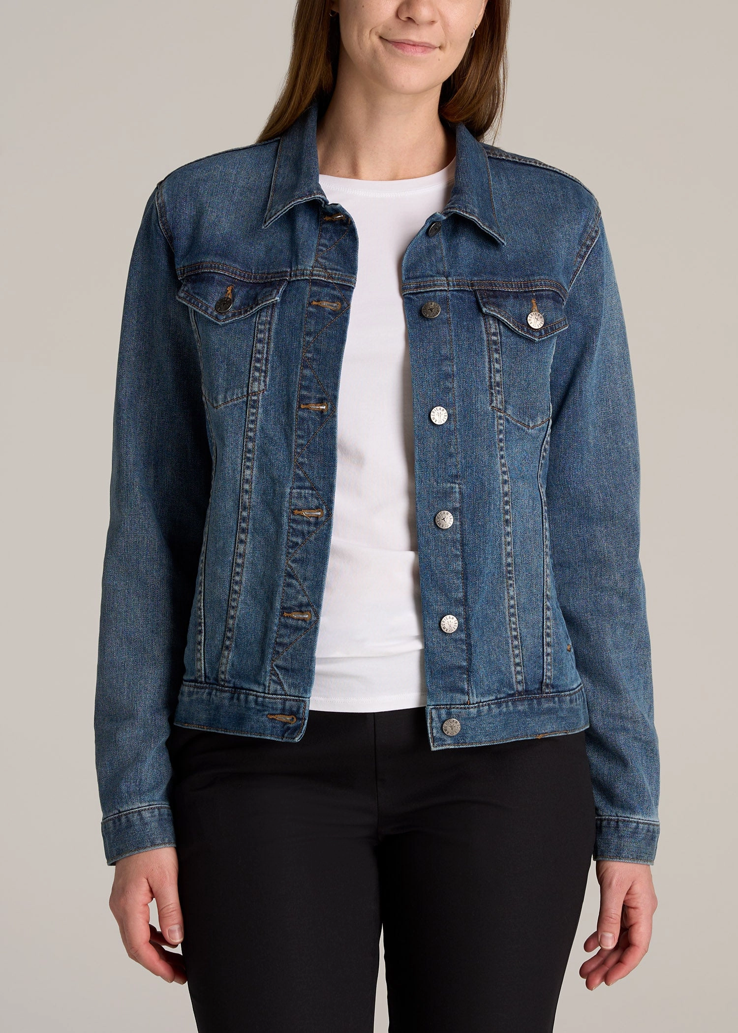 Tall Women's Denim Jacket in Vintage Medium Blue Weatherproof Zipper Closure